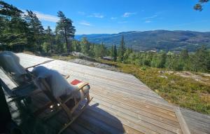 a dog sitting in a chair on a wooden deck at 5 Bedroom Stunning Home In Eggedal in Eggedal +34 photos
