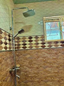 a shower in a bathroom with a checkerboard wall at Isamilo House in Mwanza +38 photos