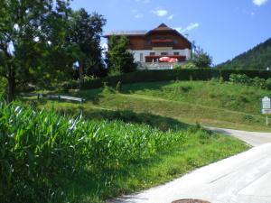 ein Haus auf einem Hügel neben einer Straße in der Unterkunft Gasthof-Pension Lamprecht in Völkermarkt