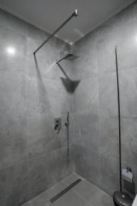 a bathroom with a shower with a glass door at Vila Dr Bizhga Agroturizem 