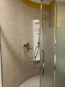 a bathroom with a shower in a tiled wall at Hotel Boutique Rosal Oviedo in Oviedo