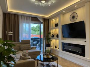 a living room with a fireplace and a tv at Apartament Anna De Lux z dużym tarasem in Zamość