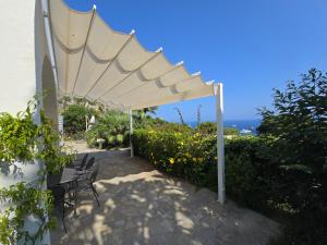 een witte pergola met stoelen en bloemen op een patio bij Villa Sterlizia in Capri