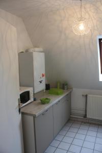 リボーヴィレにあるGite Le coeur des Ribeaupierresのキッチン(白い冷蔵庫、電子レンジ付)