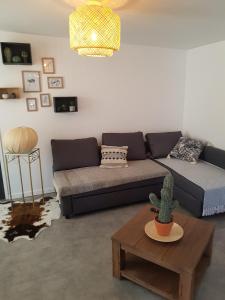 loft, clim, jardin, piscine, calme, parc expo, في موجيو: غرفة معيشة بها أريكة وطاولة بها صبار