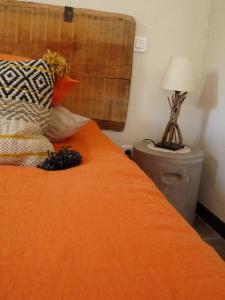 una camera da letto con un letto con una coperta arancione e una lampada di Bergerie d'Alivon en Camargue ad Albaron