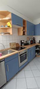 een keuken met blauwe kasten en een wastafel bij Ferienwohnung Roko in Eisenach