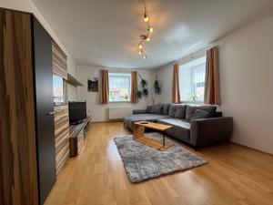 a living room with a couch and a tv at Apart Moriggl in Nauders