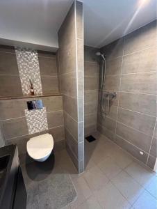 un bagno con doccia, wc e lavandino di Comfortable private guesthouse 