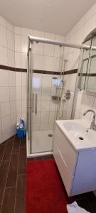 a bathroom with a shower and a white sink at Kleiner Zander in Borkum +4 photos