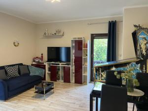 HaundorfにあるModerne Fewo Haundorf mit Terrasse ebenerdigの青いソファとテレビのあるリビングルーム
