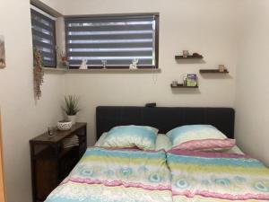 HaundorfにあるModerne Fewo Haundorf mit Terrasse ebenerdigのベッドルーム1室(枕付きのベッド1台、窓付)