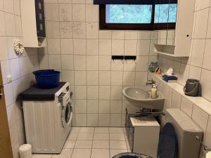 HaundorfにあるModerne Fewo Haundorf mit Terrasse ebenerdigのトイレと洗面台のある小さなバスルーム +8枚の写真