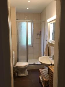 a bathroom with a shower and a toilet and a sink at Haus Cassiopeia Borkum in Borkum +15 photos
