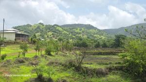 un champ avec une maison et des montagnes en arrière-plan dans l'établissement Potdar holiday home & risort, à Chandoli