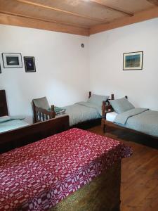 a living room with three beds and a red rug at KAMENICA Stara Planina in Dimitrovgrad +1 photo