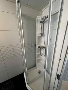 a shower with a glass door in a bathroom at Cozy apartment close to the city center and mountains in Tromsø +4 photos