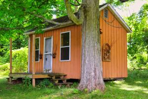 une petite maison orange assise à côté d'un arbre dans l'établissement Cottage on the Pond, à Millbrook