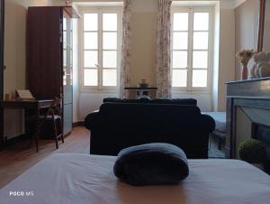 ein Wohnzimmer mit zwei Sofas und einem Kamin in der Unterkunft Artbnb in Lézat-sur-Lèze