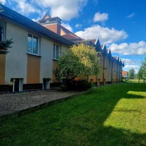 a row of buildings with a grass yard at Dom Brama Mazur in Ostróda
