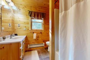 a bathroom with a sink and a toilet and a shower at Bullwinkle Lodge in Greenwood +19 photos