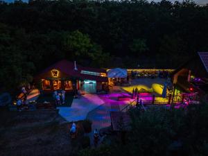 a group of people standing around a pool at night at Baglyas Vendégház in Edelény