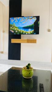 a tv hanging on a wall with a plant on a glass table at Cozy Corner 1 in Flic-en-Flac