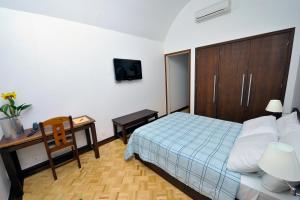 um quarto com uma cama, uma secretária e uma televisão em Arcadas Hotel em Caçapava