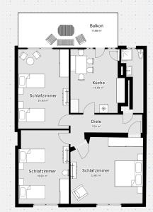 a black and white floor plan of a house at 6P Zentrale Suite mit Balkon & Parkplatz in Witten +12 photos