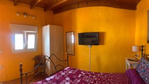 a bedroom with a bed and a tv on a yellow wall at CASA DIANA in Máguez