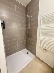 a bathroom with a shower with a glass door at Le Moulin Balcon Proche Centre Calme in Saint-Jean-de-Maurienne +30 photos