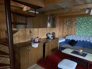 a room with a kitchen and a bunk bed in a room at Vikendica Litrić in Fojnica