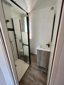 a bathroom with a shower and a sink at Les Marines, Castello Rosso vue mer - Accès plage à pied in Casaglione