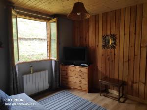 サン・モーリス・シュル・モセルにあるHautes Vosges Chalet Pâqueretteのベッドルーム(テレビ、ドレッサー、窓付)