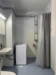 a bathroom with a shower and a toilet and a sink at One-bedroom apartment with free parking in Oulu