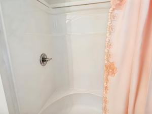 a shower with a shower curtain in a bathroom at Flower Bliss Cottage in Sparta Mountains in Sparta +7 photos