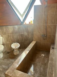 a bathroom with a toilet and a shower and a sink at Domo Del Rio in Los Reartes +36 photos