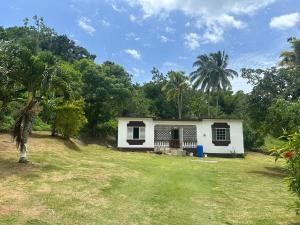 a small white house in the middle of a yard at Modern mountain house in Anchovy Station