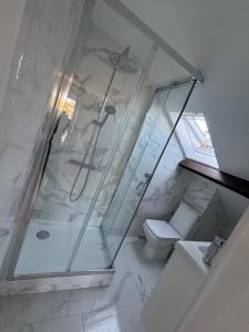 a white bathroom with a shower and a toilet at Logement atypique in Asnières-sur-Seine