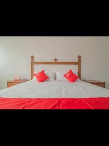 a bed with two red pillows on top of it at Hospedaje Villa Hidalgo in Villa Hidalgo