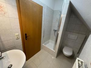 a bathroom with a shower and a toilet and a sink at Auszeit im Altmühltal in Beilngries +21 photos