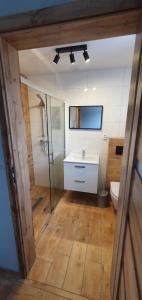 a bathroom with a toilet and a sink and a mirror at Biały Źagiel in Jantar