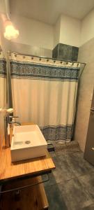 a bathroom with a white sink and a shower at "Clodin" Monoambiente Ideal, Planta Baja y Garage in La Cieneguita