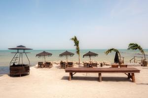 a beach with tables and chairs and umbrellas at AWA Holbox Hotel Boutique - Beach Front in Holbox Island