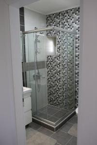 een badkamer met een glazen douche met wastafel bij Villa Nada in Ohrid