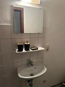 a bathroom with a sink and a mirror at Hotelshausbückeburg in Bückeburg