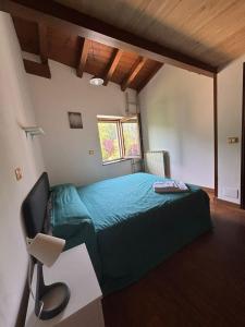 a bedroom with a green bed and a window at Vallicella House in Fanano