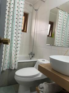a bathroom with a toilet and a sink and a mirror at Casa full amoblada a pasos Jumbo Los Pablos in Temuco