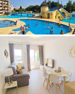 a living room and a swimming pool with people in it at Benalmadena Minerva - Ocean view 1 Bedroom apartm in Benalmádena