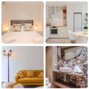 a collage of four pictures of a bedroom and a kitchen at Downtown apartment near the beach and airport in Santa Pola